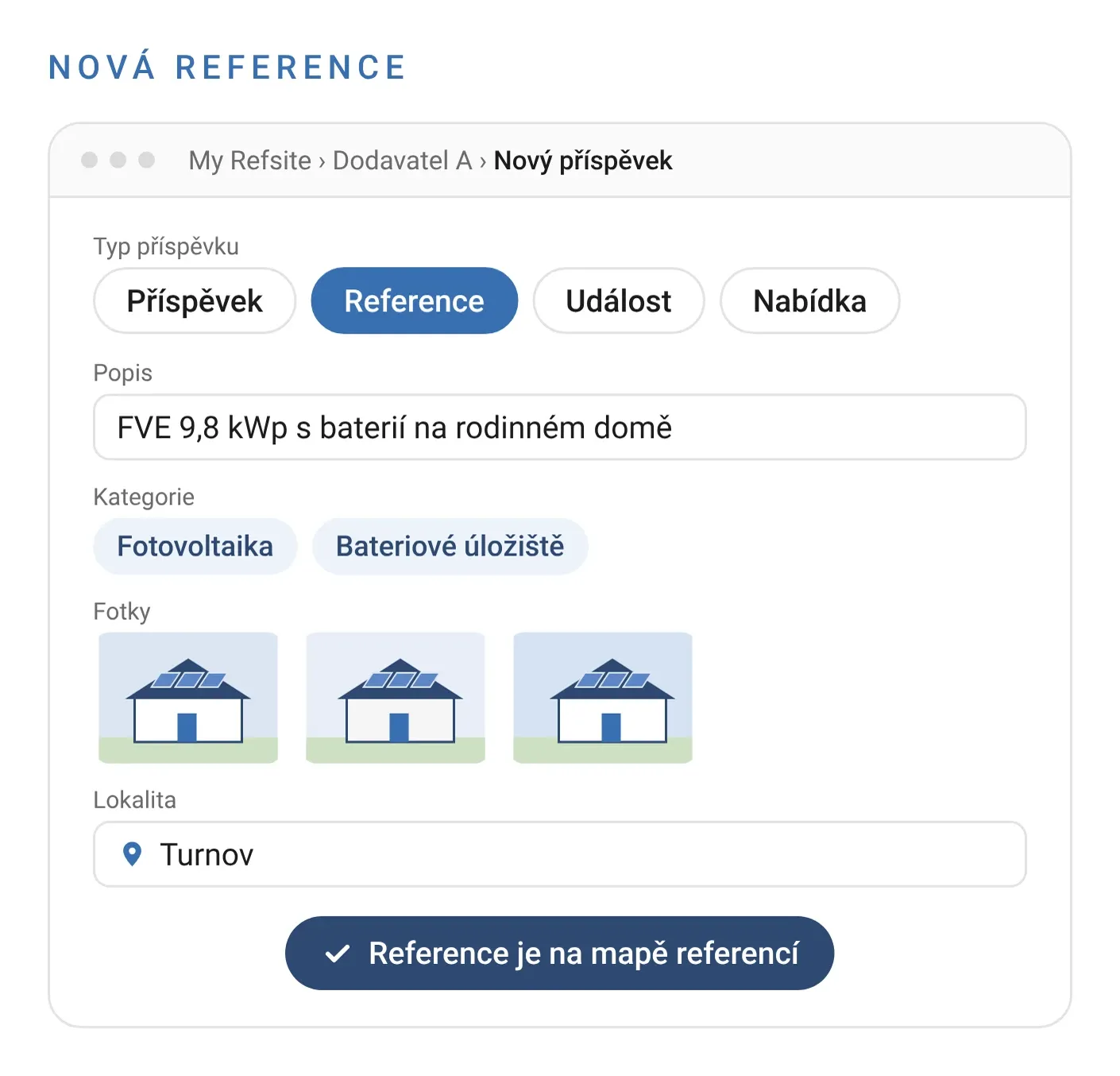 Nová reference v administraci firmy – typ příspěvku, popis, kategorie, fotky a lokalita