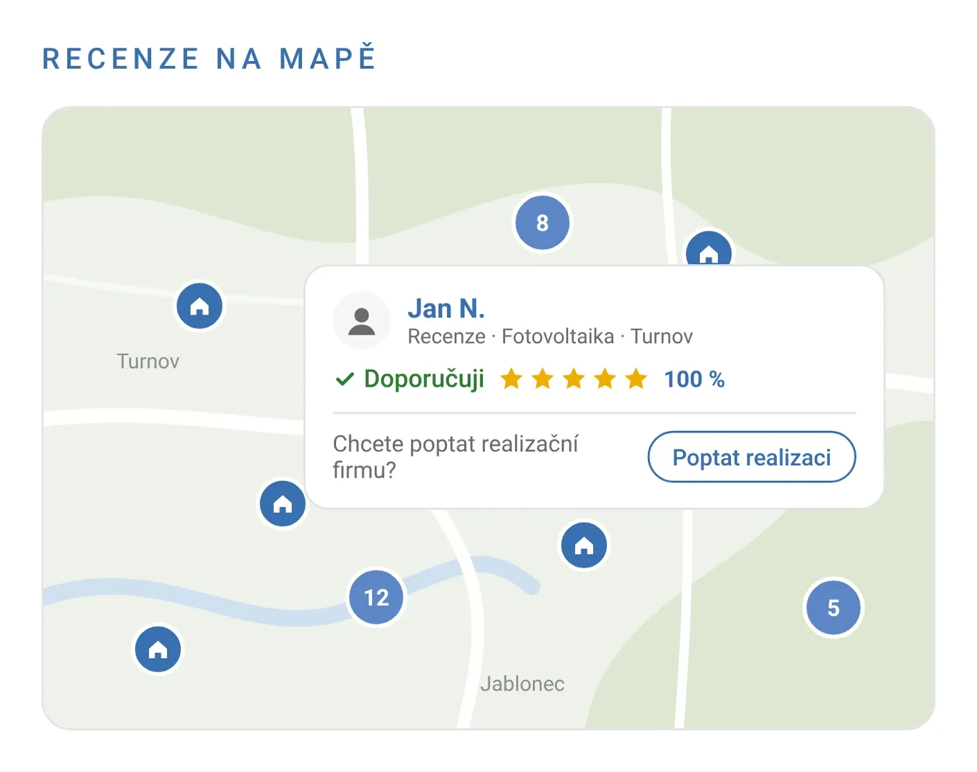 Recenze na mapě s náhledem a tlačítkem Poptat realizaci