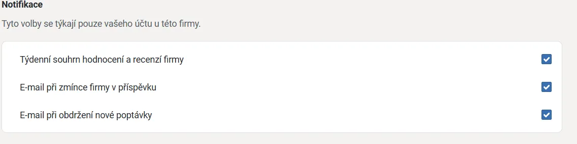 Nastavení notifikací v administraci firmy