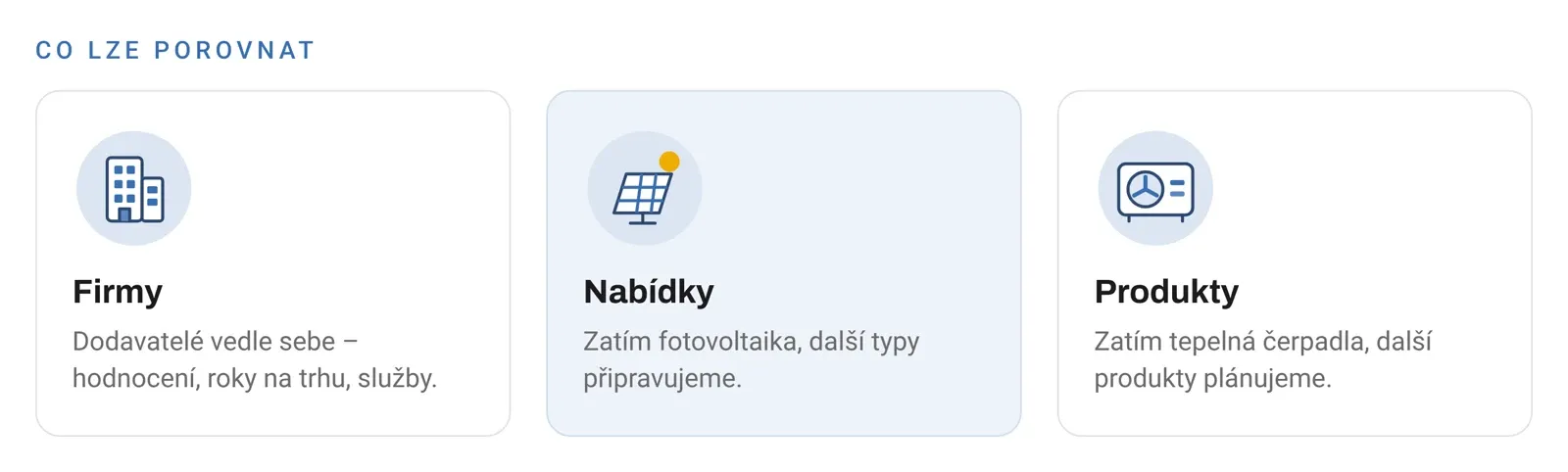 Tři typy porovnání: firmy, nabídky a produkty