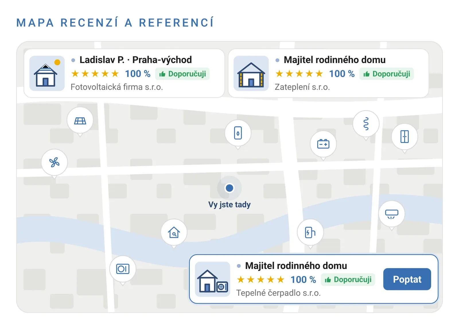 Mapa recenzí a referencí – piny kategorií a recenze sousedů v okolí